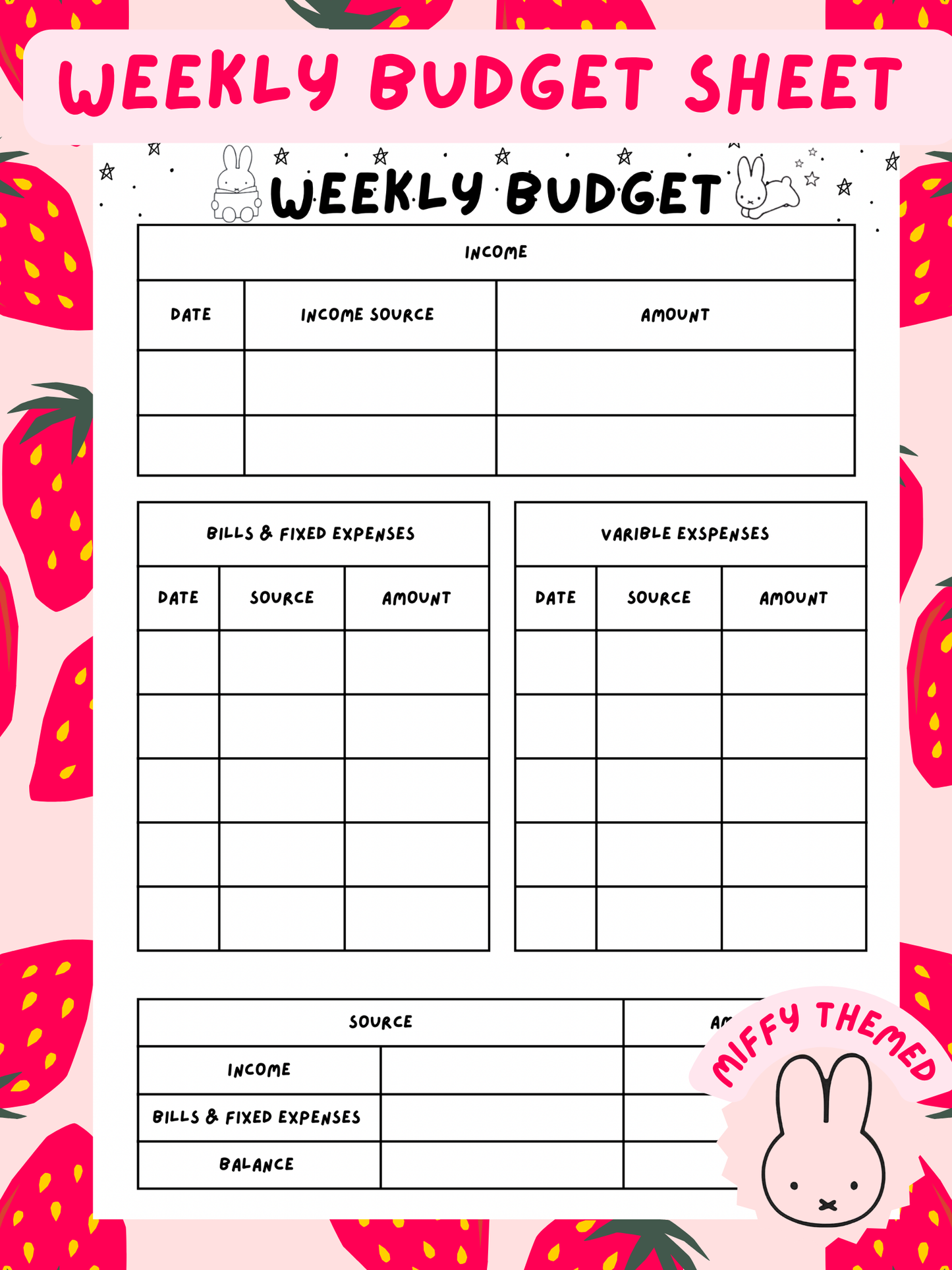 Weekly Budgeting Sheet- DIGITAL DOWNLOAD