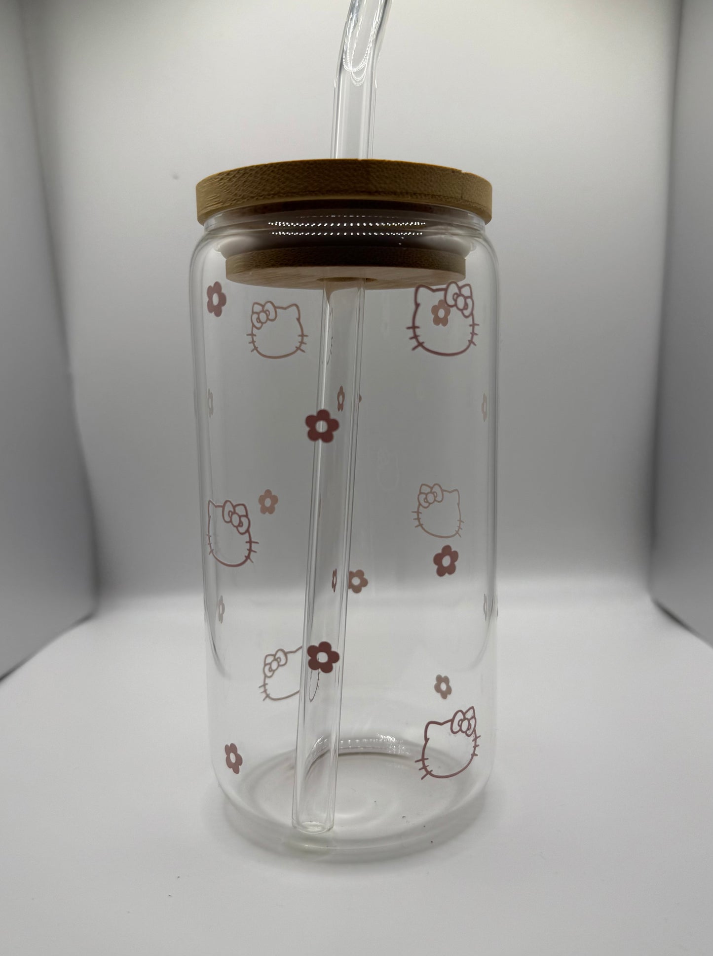Pink Hello Kitty Glass Cup with Straw and Lid