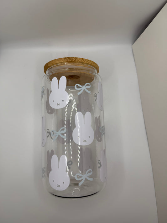 Blue Bow Miffy Glass Cup wit Straw and Lid