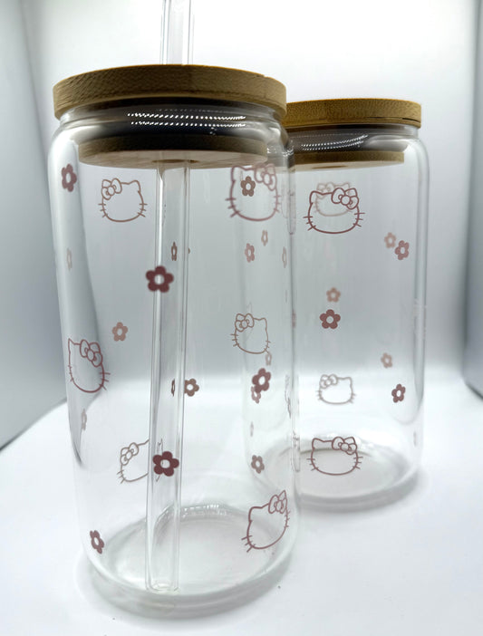Pink Hello Kitty Glass Cup with Straw and Lid